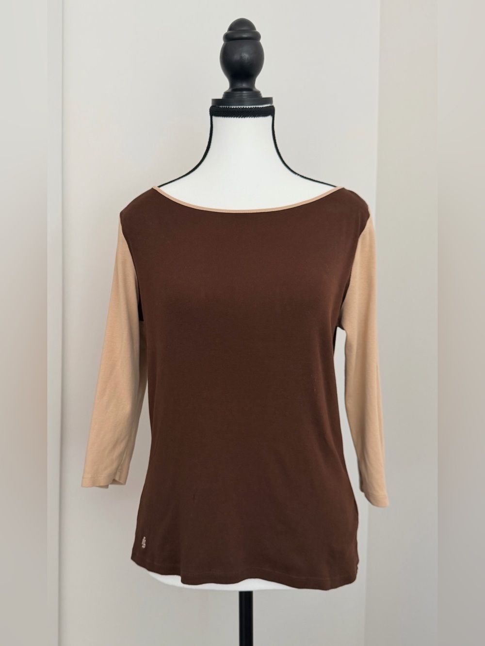 Lauren Ralph Lauren 100% Cotton Brown & Tan Colorblock Boat Neck Top M